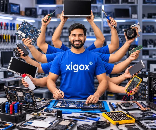 Xigox repair technician in a blue Xigox T-shirt with many arms holding a laptop, motherboard, laptop screen, RAM, SSD, cooling fan, multimeter and repair tools